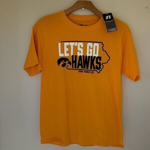 NWT University of Iowa Hawkeyes Gold Let’s Go‎ Hawks Russell t-shirt Medium